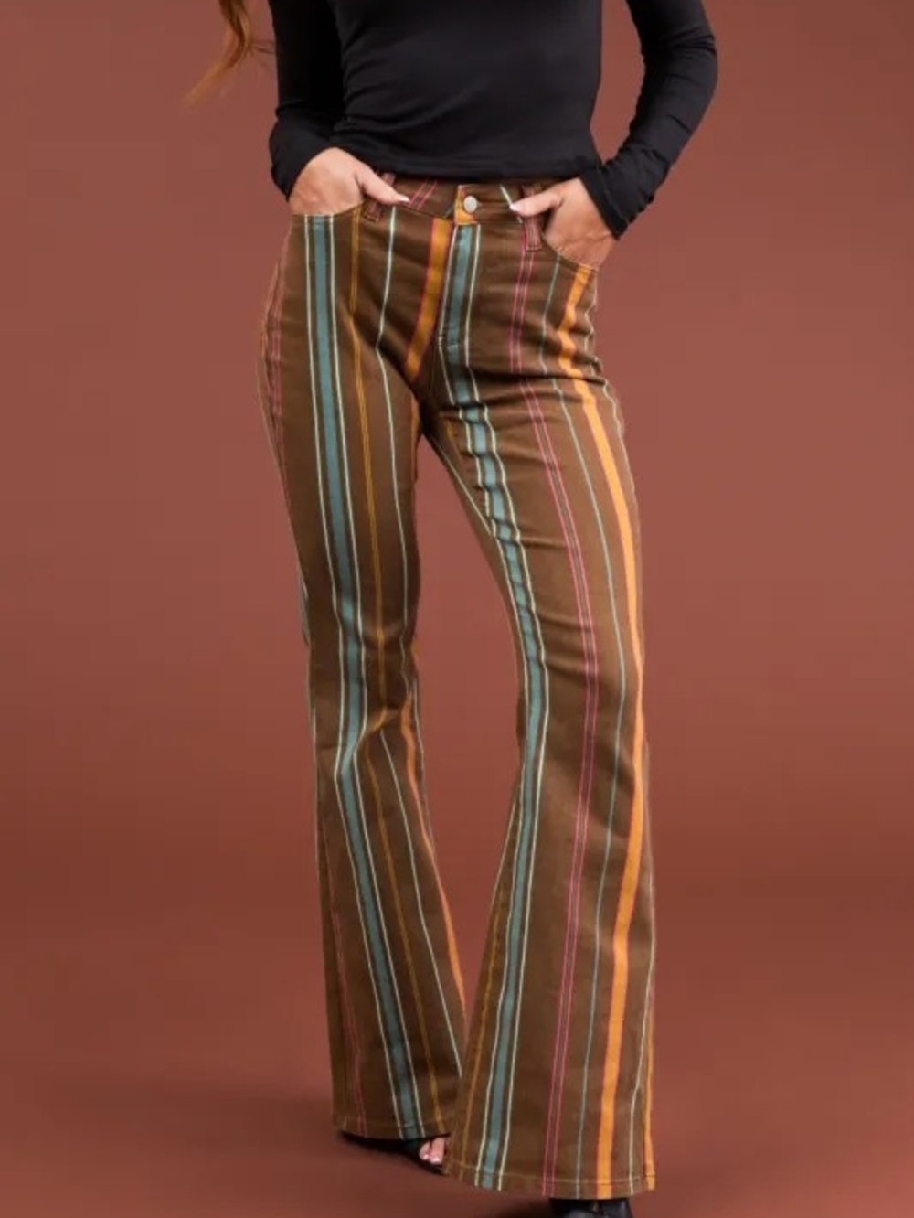 Judy Blue Sepia Mid Rise Striped Flare Jeans